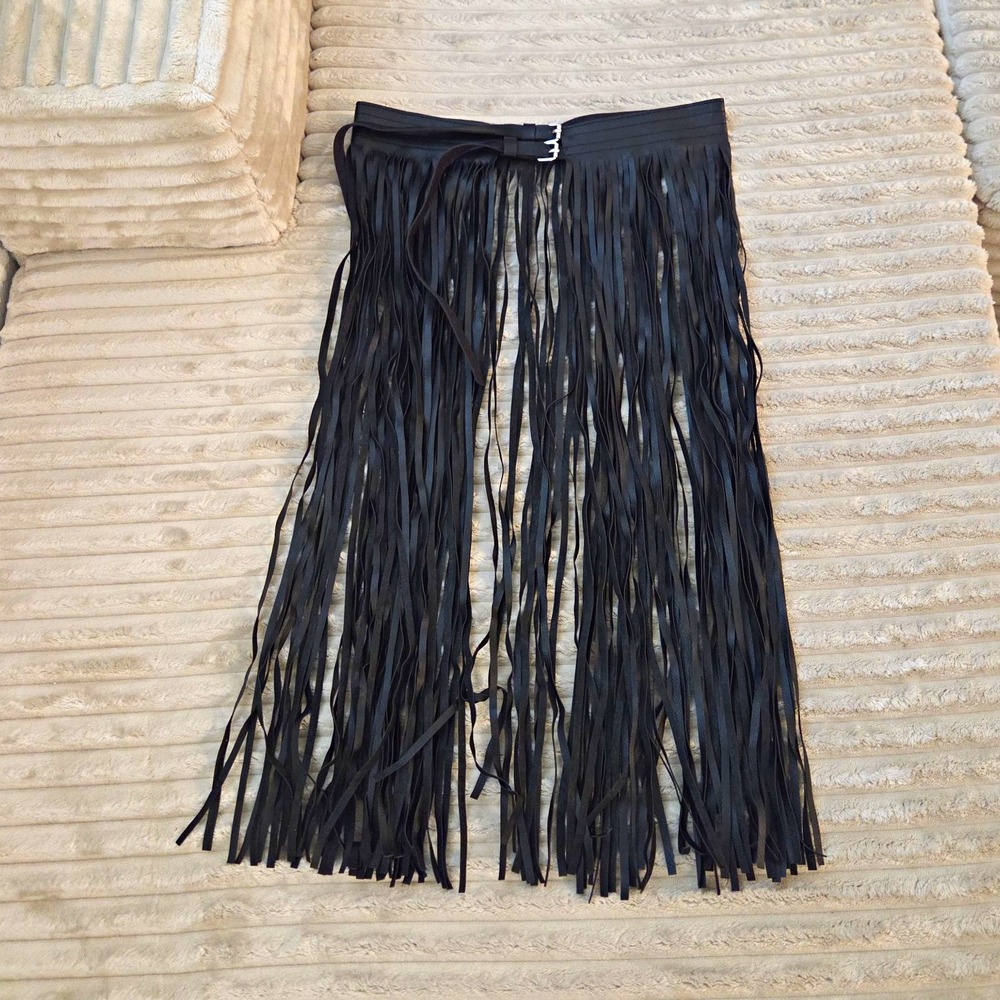 Black Faux Leather Fringe Waist Belt Long Tassel Skirt Harness Wrap biker